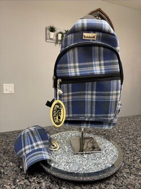 Backpacker Blue Plaid full size Backpack with Matching Cap NWT